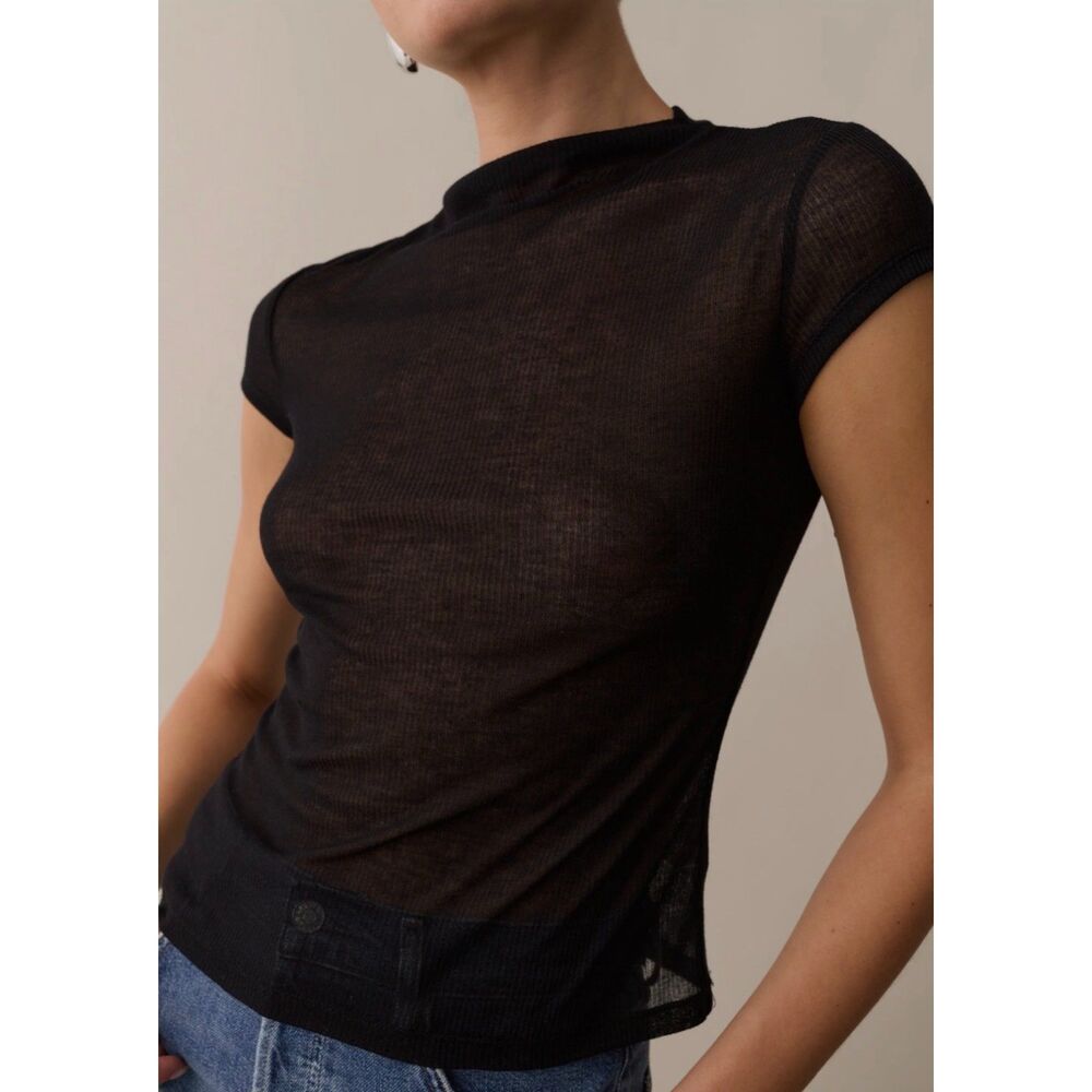 Few Moda x kourt Prue Black Ribbed High Neck Short Sleeve Top Women's M NWT